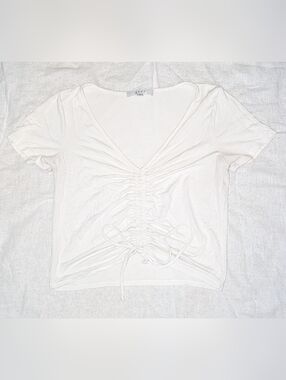 gaze White V-Neck Ruched Drawstring Crop Top